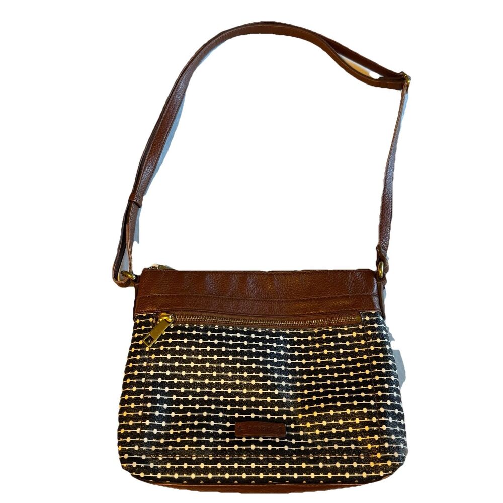 Fossil Fiona Crossbody Purse Black White Brown Leather Bag Small 11" x 9"